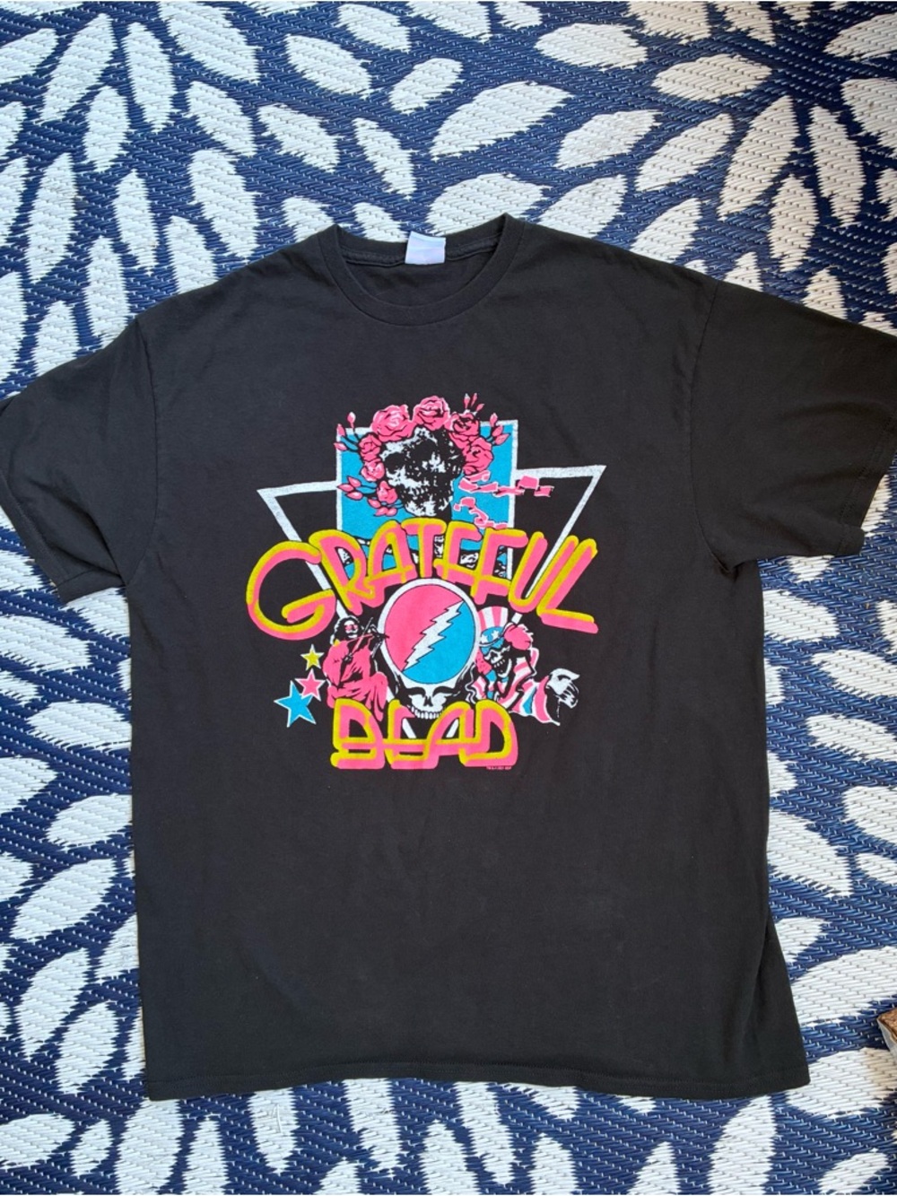 Grateful Dead Junk Food Clothing Black Tee with Neon Pink & Blue Floral Graphic